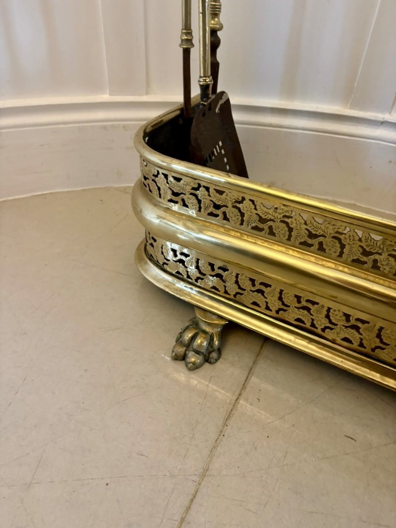 Unusual and Rare Quality Antique Regency Brass Fender with Original Fire Irons - Image 8